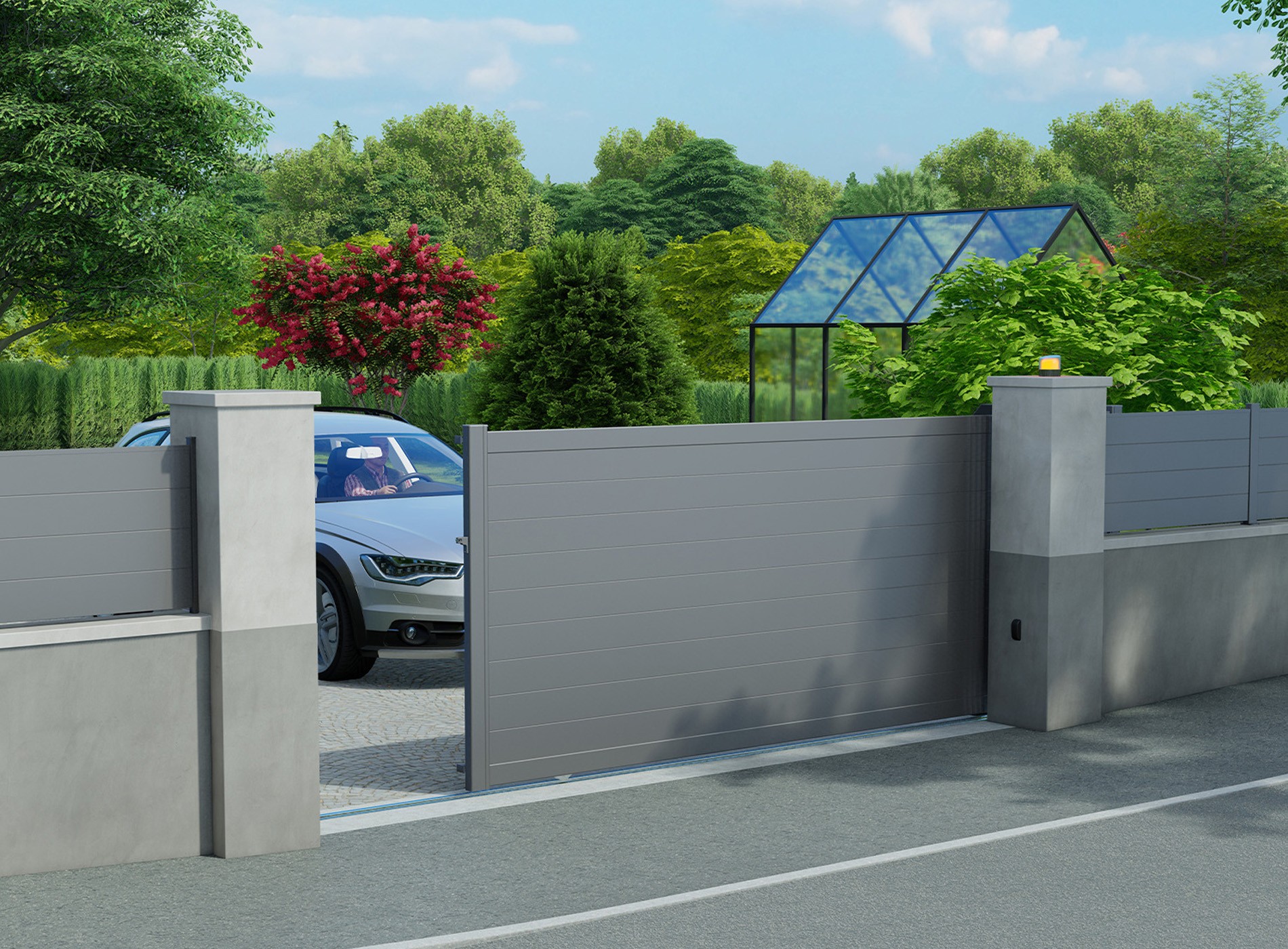 Klos up portail aluminium battant LAO lames pleines 150 - Gris Sable 2900