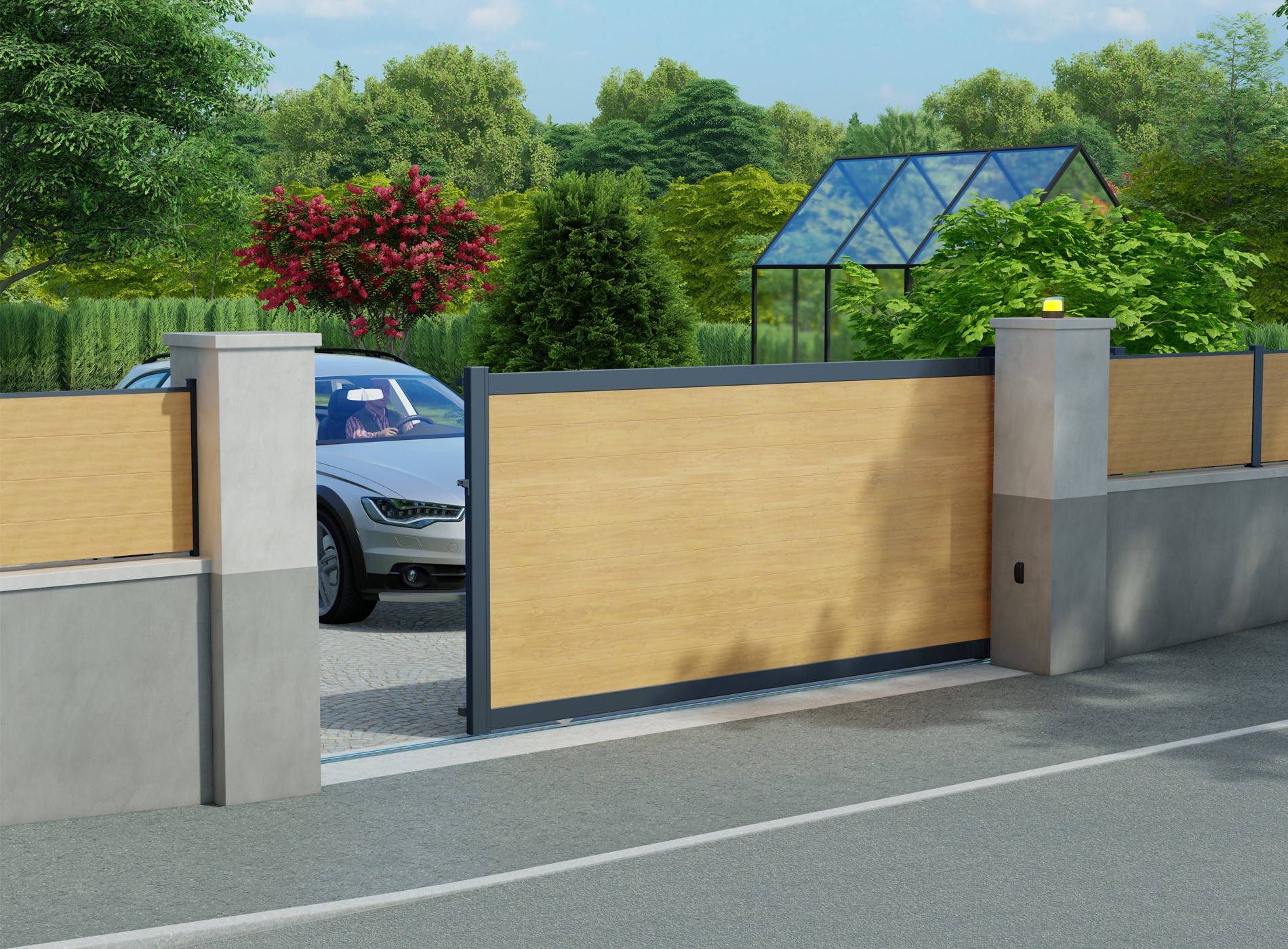 Klos up portail aluminium battant LAO lames pleines 150 - Gris Zinc 7016 + Chene