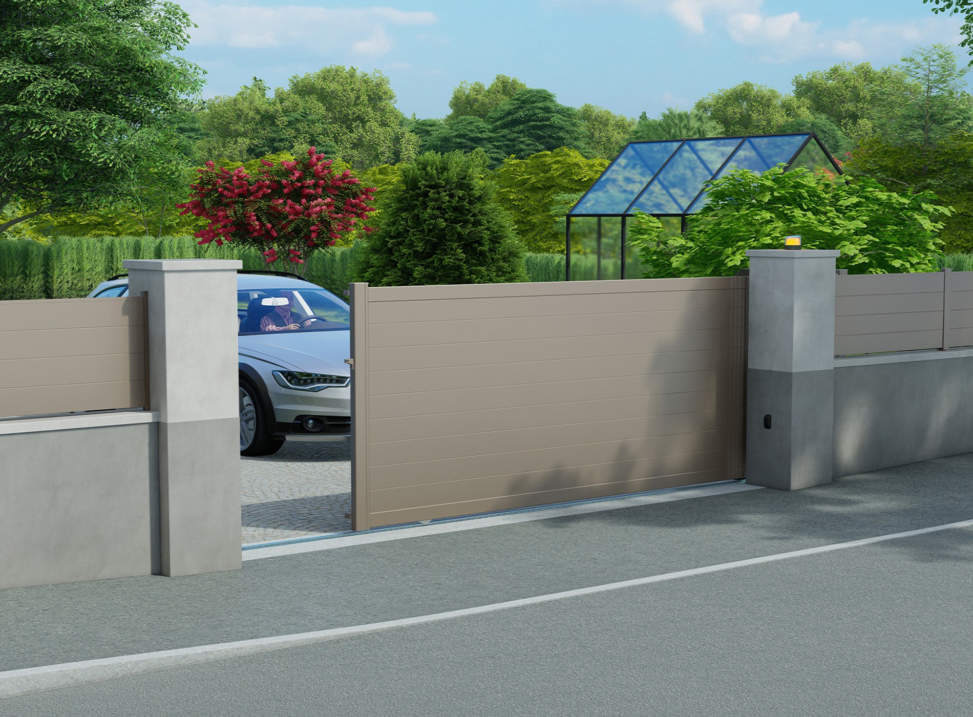 Klos up portail aluminium battant LAO lames pleines 150 - Gris Quartz 7039