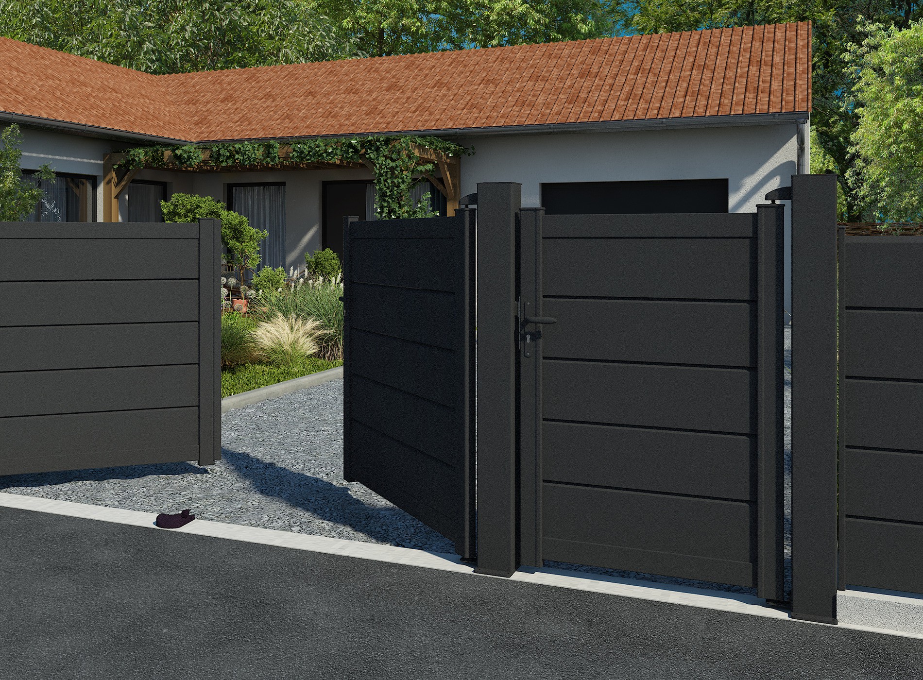 Portillon aluminium ALIZ lames persiennes 255 - Noir Sable 2100