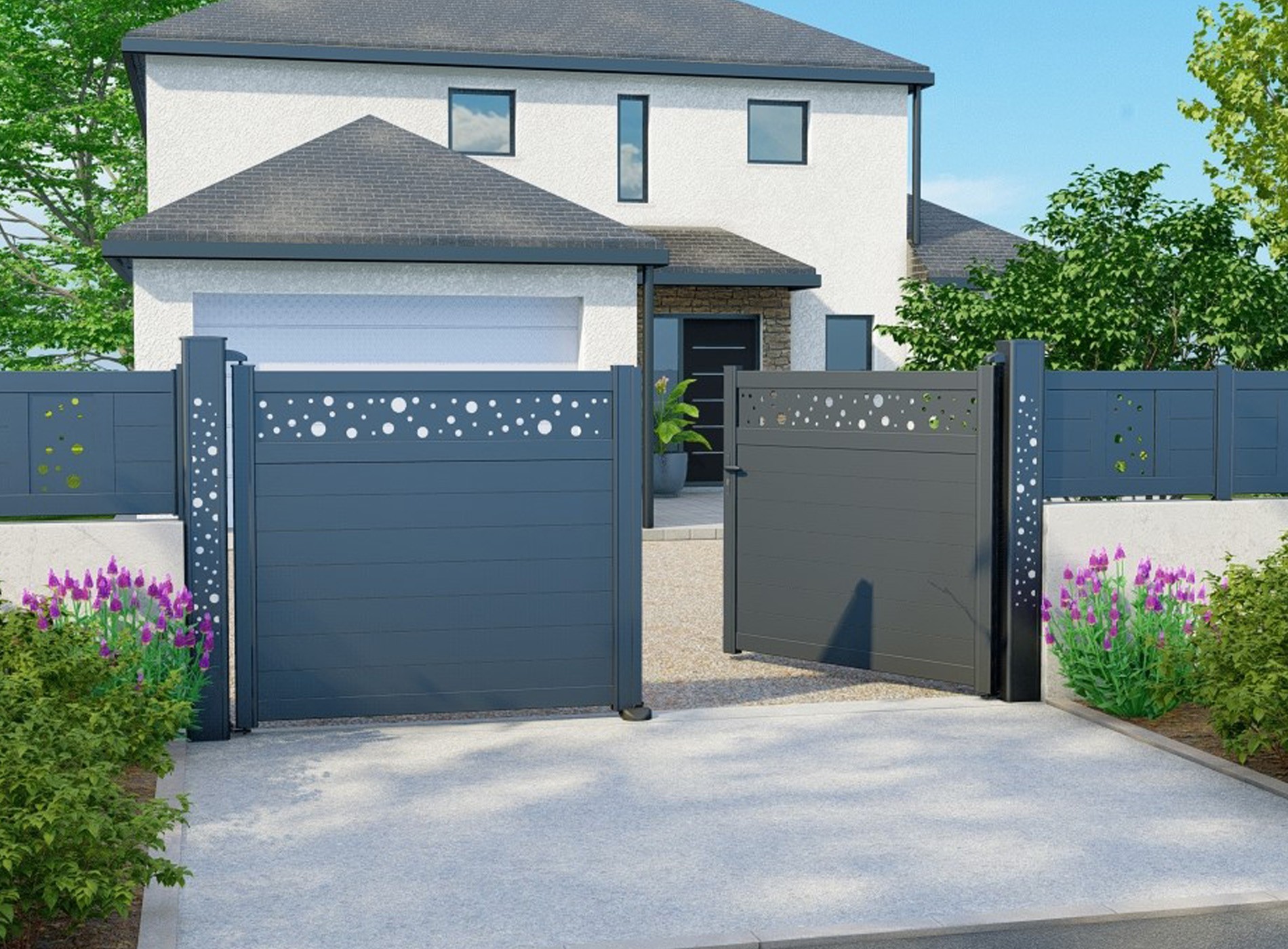 Portail décor battant BULLE gris zinc 7016