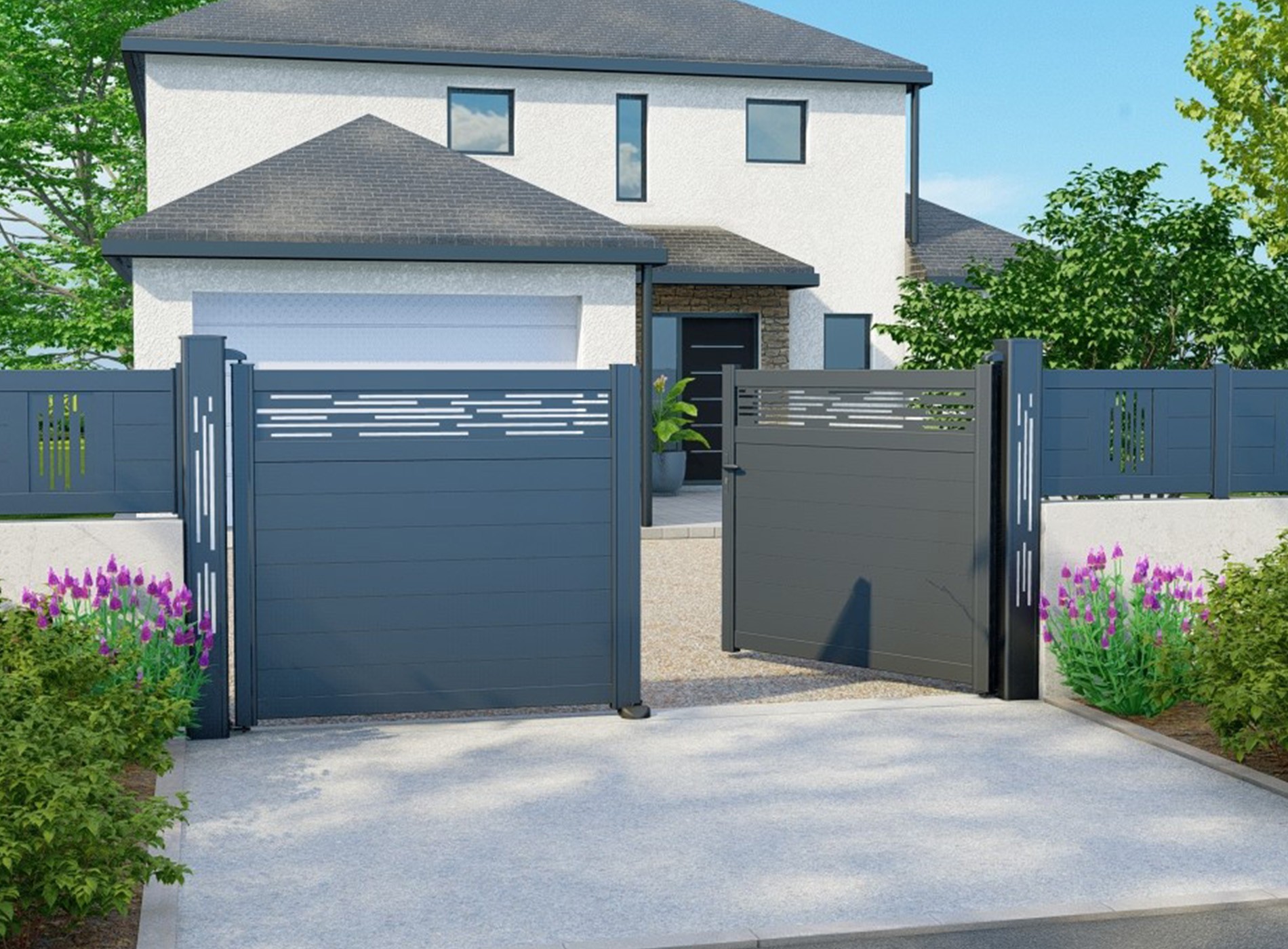 Portail décor battant LIGNE gris zinc 7016