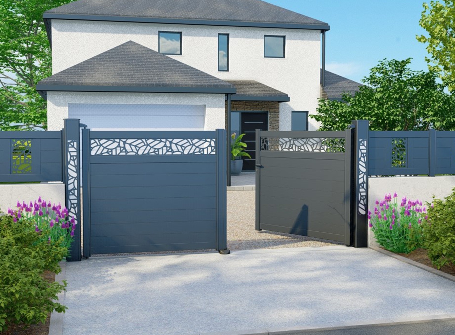 Portail décor battant TEK gris zinc 7016
