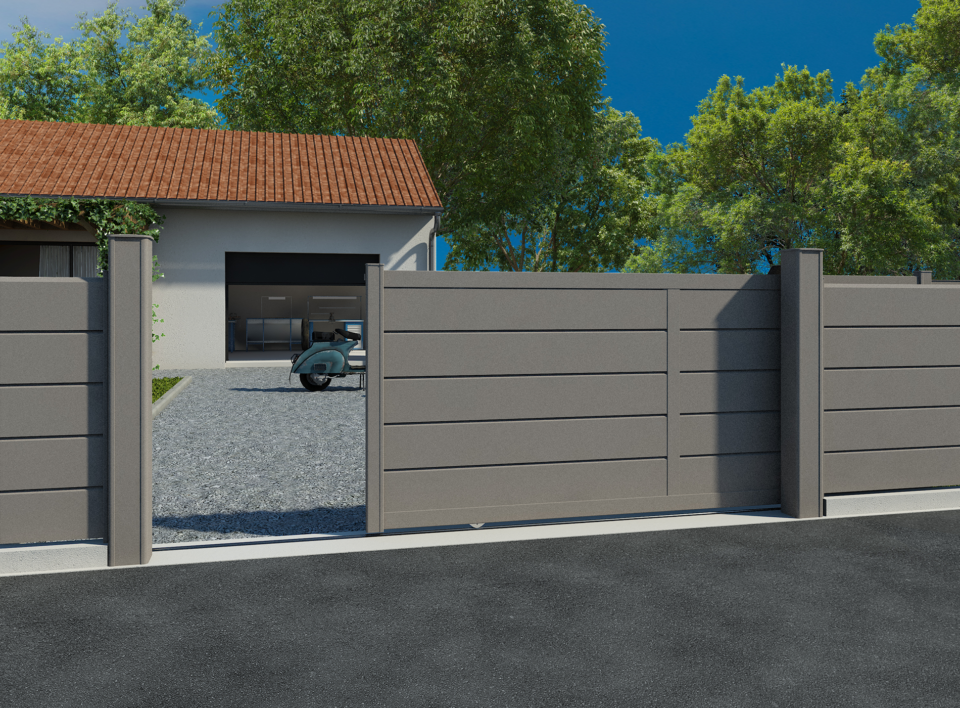 Portail coulissant aluminium ALIZ lame persienne - GrisSable 2900  (avec meneau)