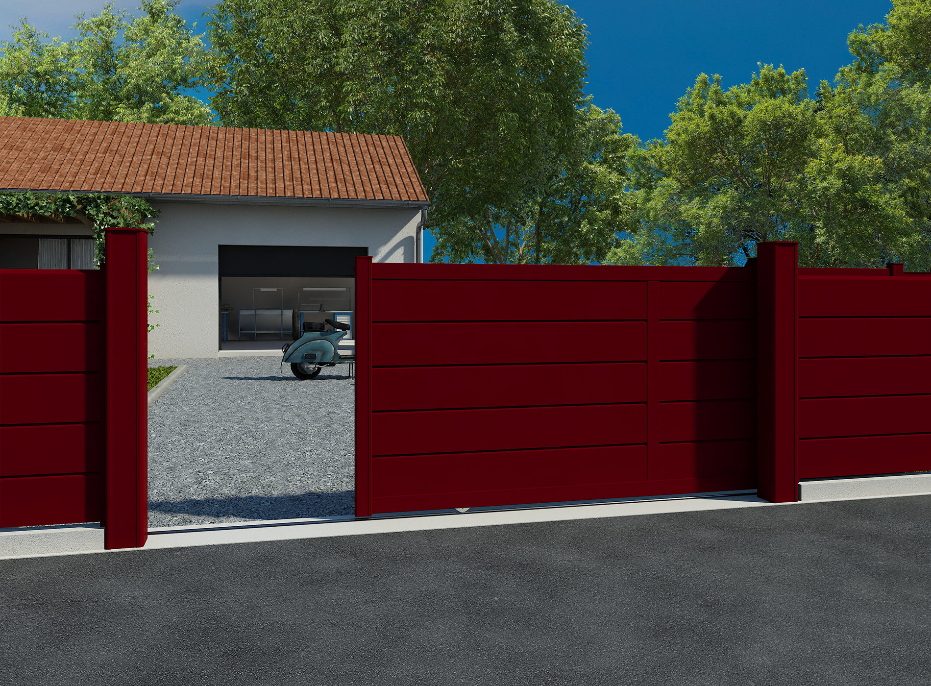 Portail coulissant aluminium ALIZ lames persiennes - Rouge 3004  (avec meneau)