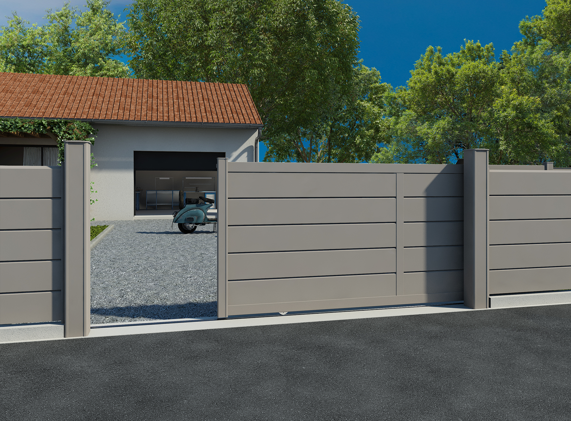 Portail coulissant aluminium ALIZ lame persienne - GrisQuartz 7039 (avec meneau)