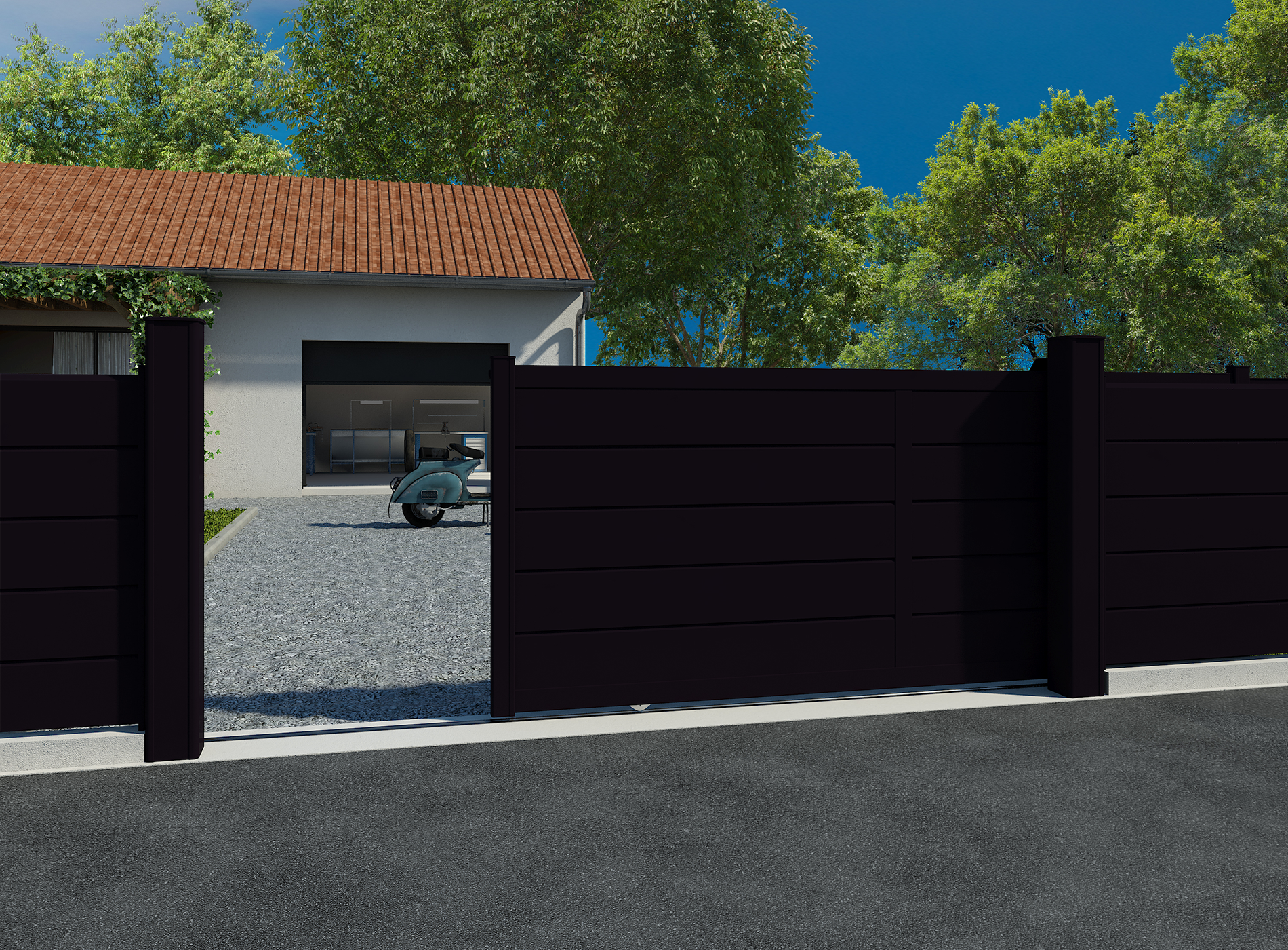 Portail coulissant aluminium ALIZ lames persiennes - Noir 9005  (avec meneau)