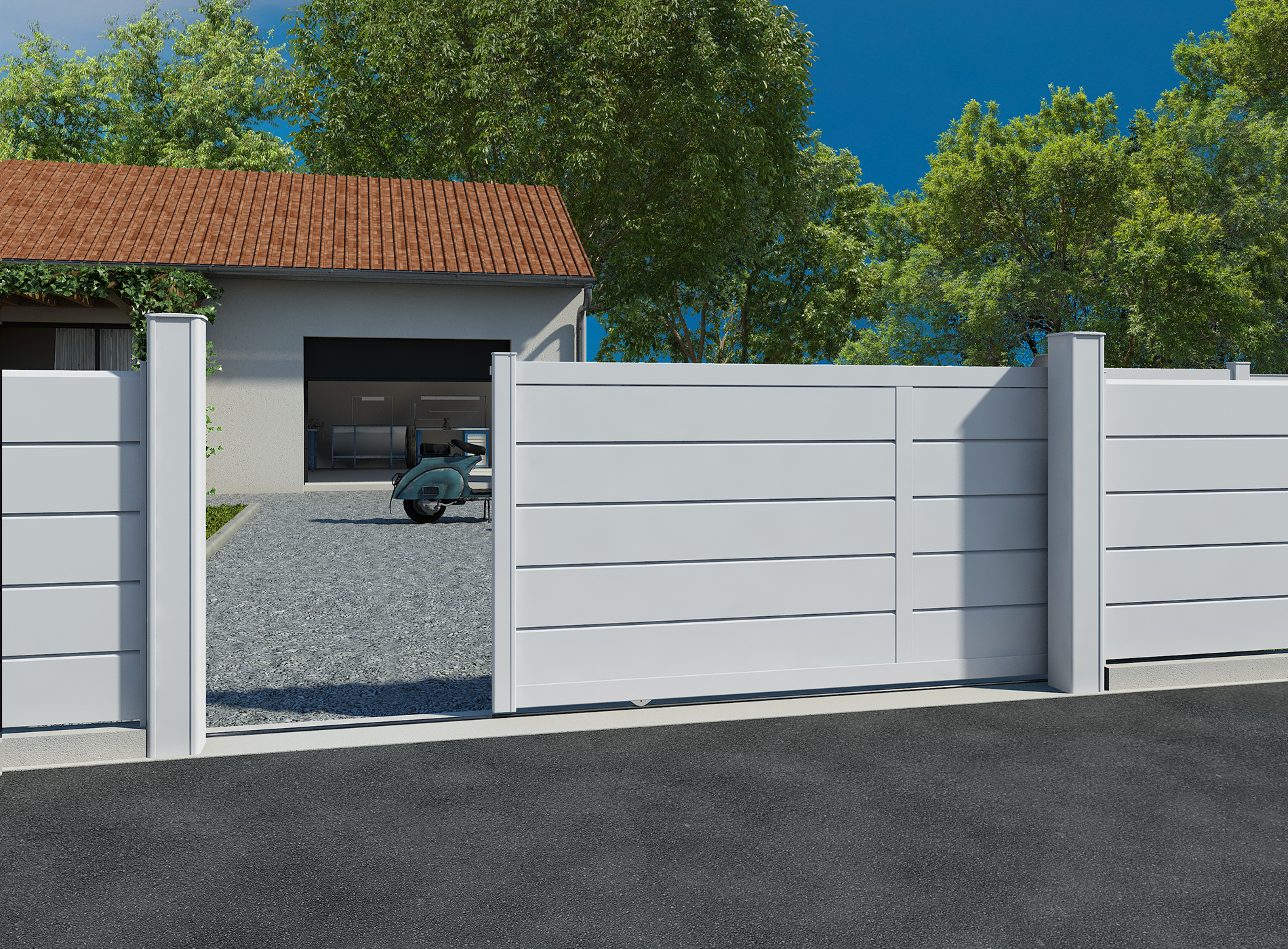 Portail coulissant aluminium ALIZ lames persiennes - Blanc 9016 (avec meneau)