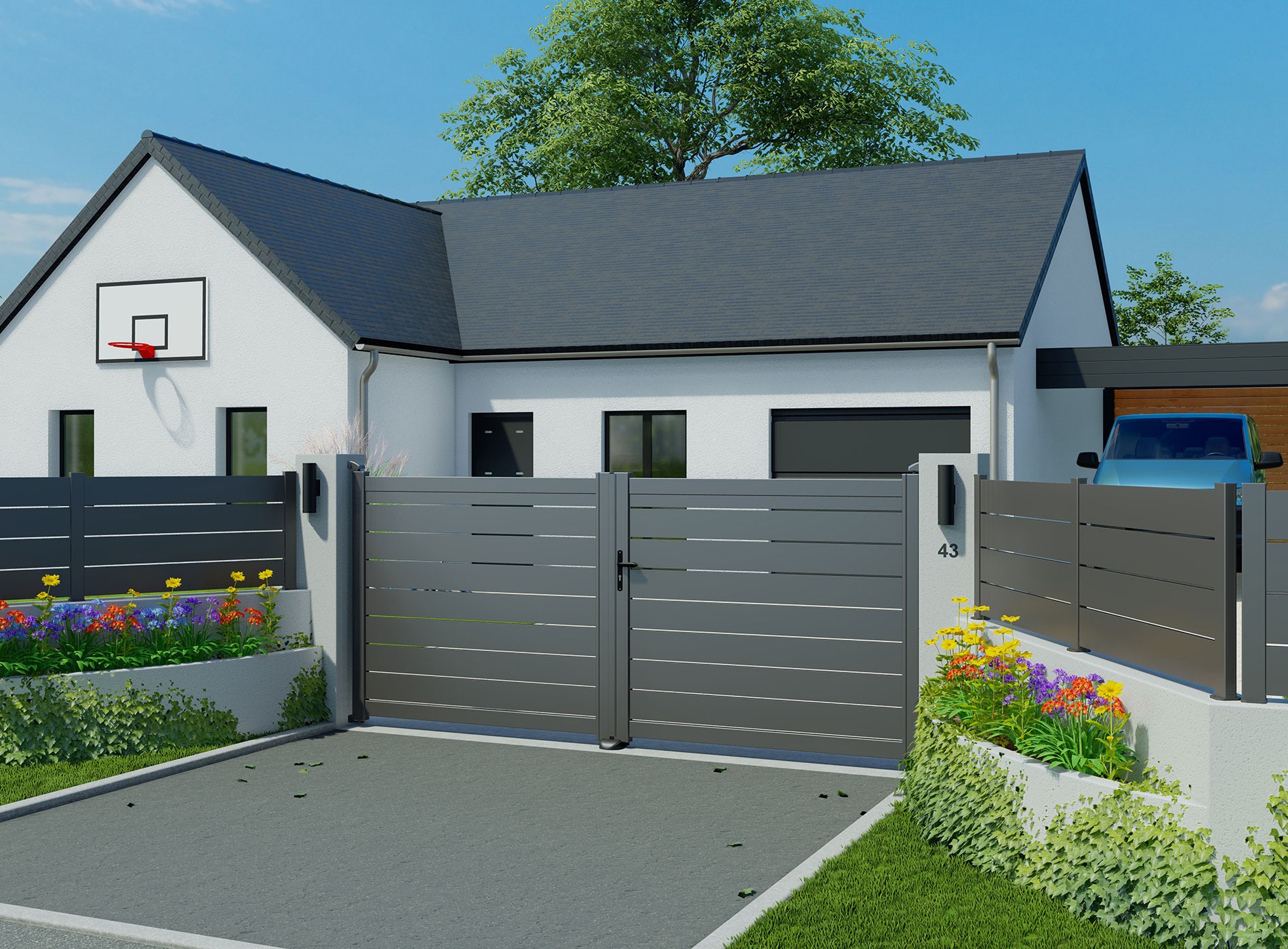 Portail battant en aluminium BONO, Gris Sablé 2900