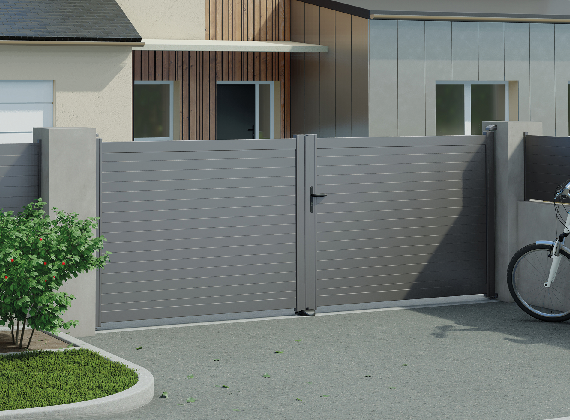 Portail battant en aluminium CONCARNEAU, gris sablé 2900