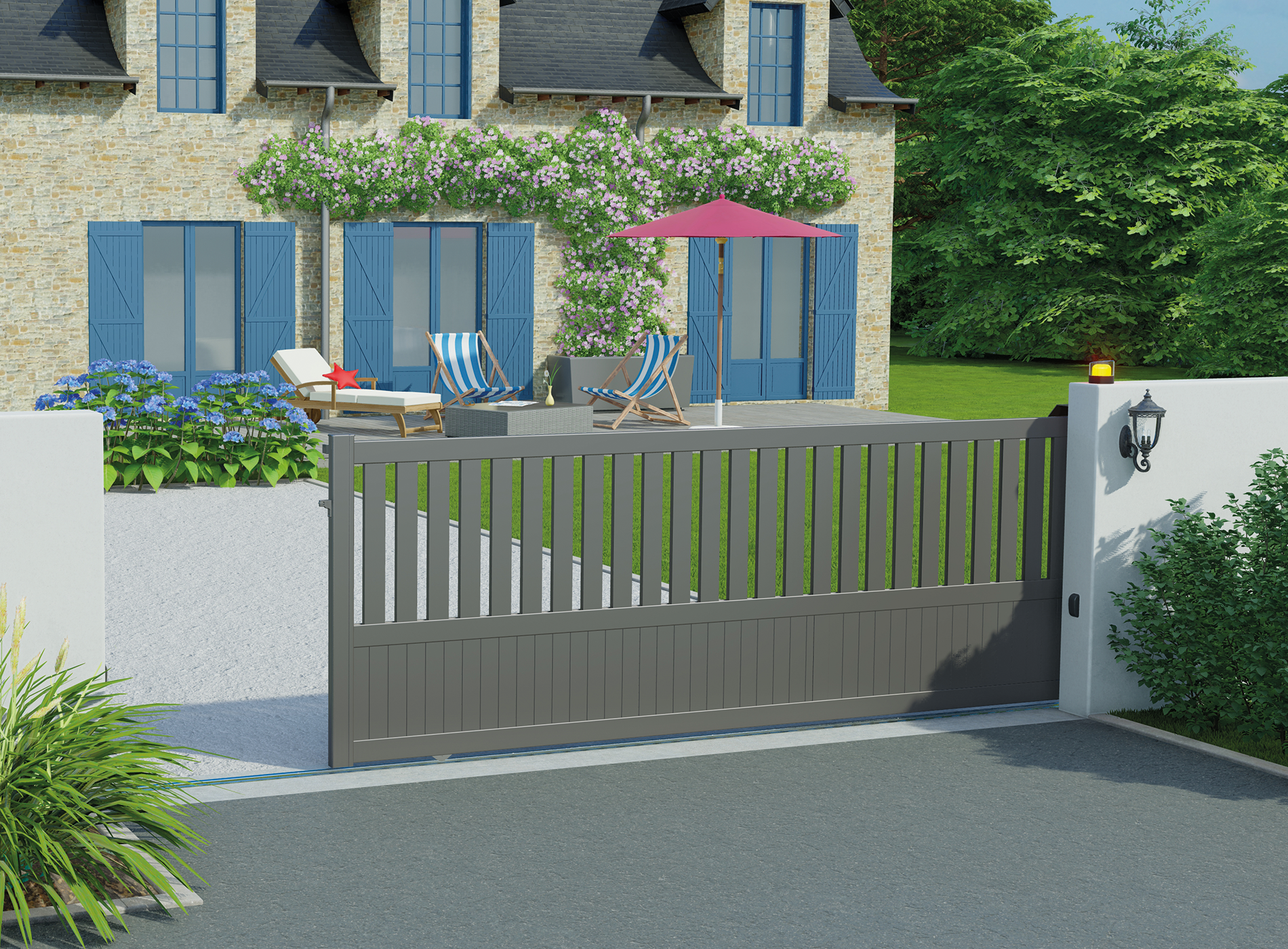 Portail coulissant en aluminium PENMARCH, gris sablé 2900