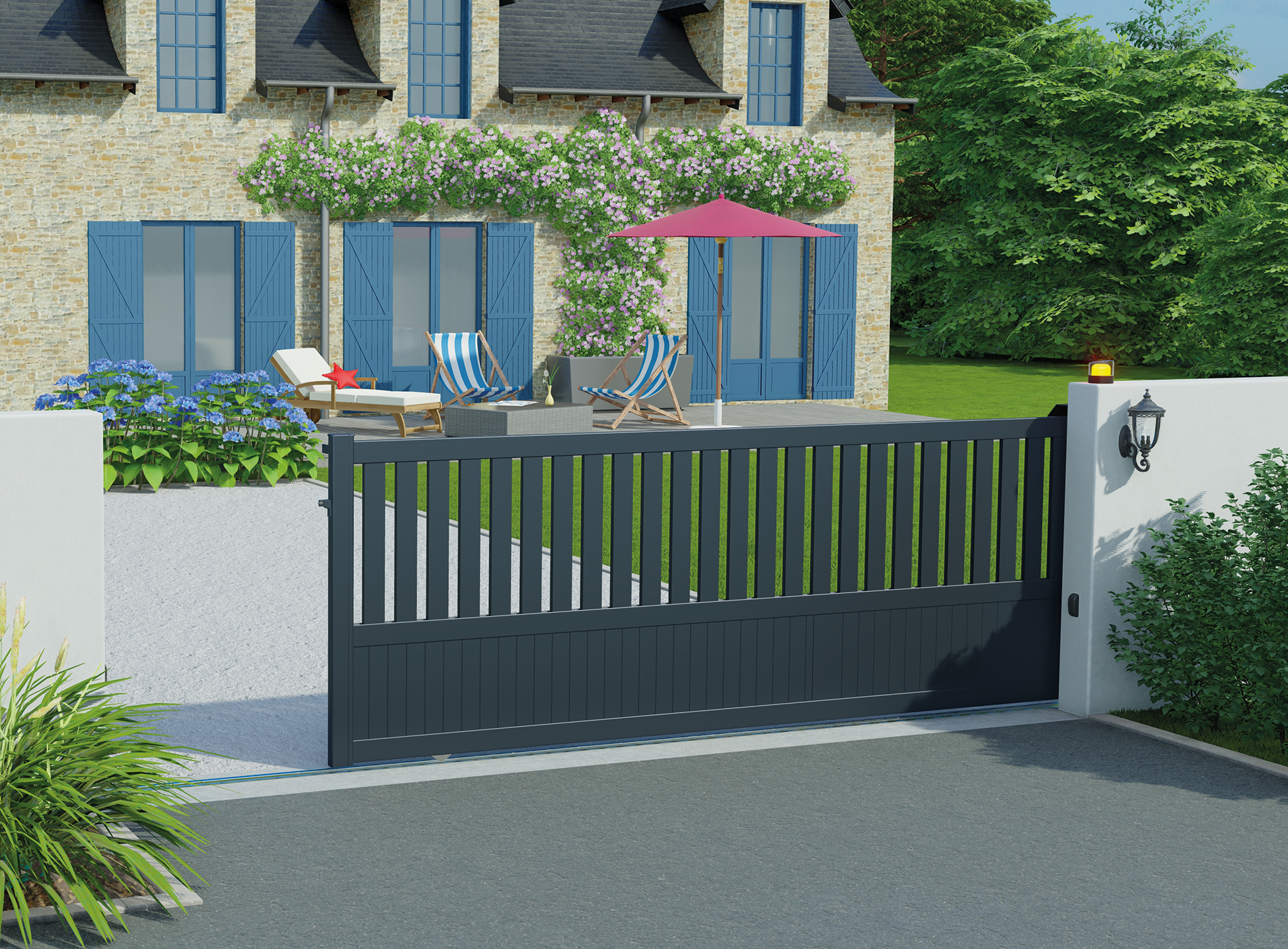 Portail coulissant en aluminium PENMARCH, gris zinc 7016