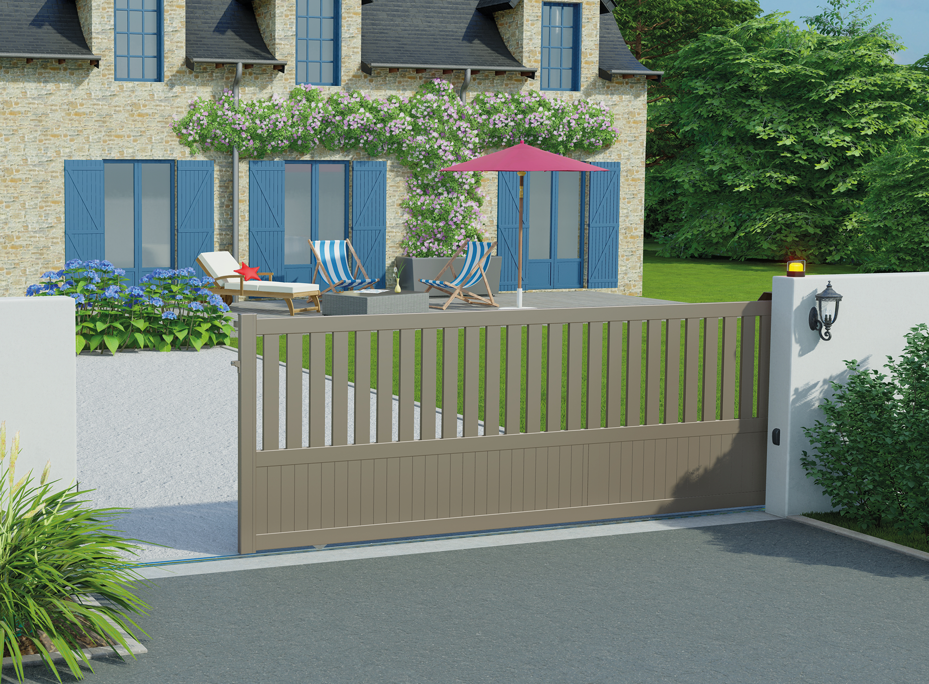 Portail coulissant en aluminium PENMARCH, gris quartz 7039