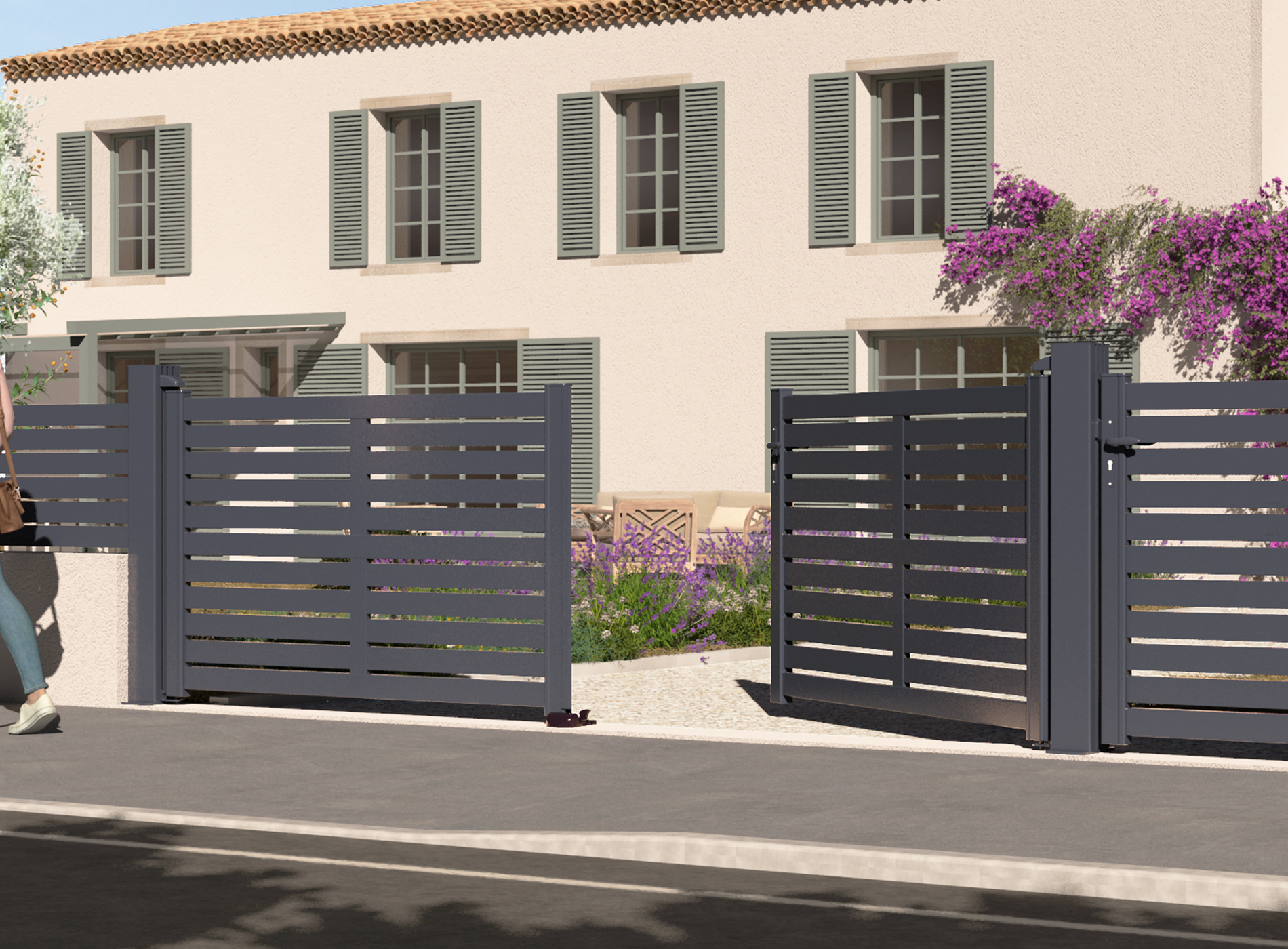 Portail battant en aluminium TREZ , gris zinc 7016