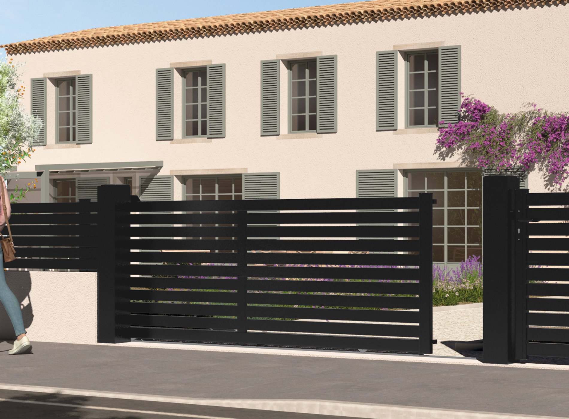 Portail battant en aluminium TREZ , noir 9005