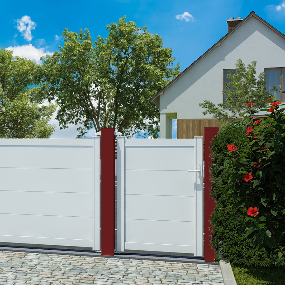 Portillon aluminium HEZO Blanc (RAL9016) - poteaux Smart-it! Rouge (RAL3004)