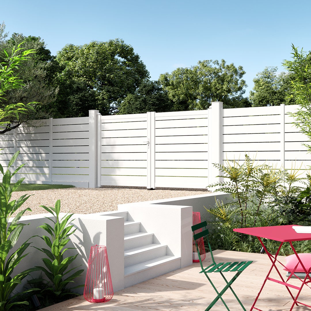 Portail battant et clôture ajourés en aluminium BONO – Blanc (RAL9016)