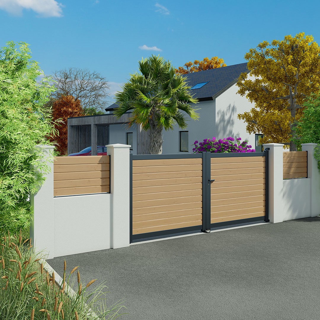 Portail battant persienne en aluminium ZEF - Gris zinc (RAL7016)/chêne irlandais