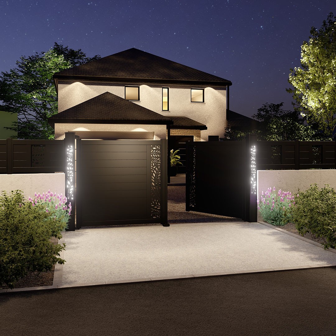 Portail battant Mix-it ! et poteaux Fix-it ! – Décor Sylva et LED intégrées