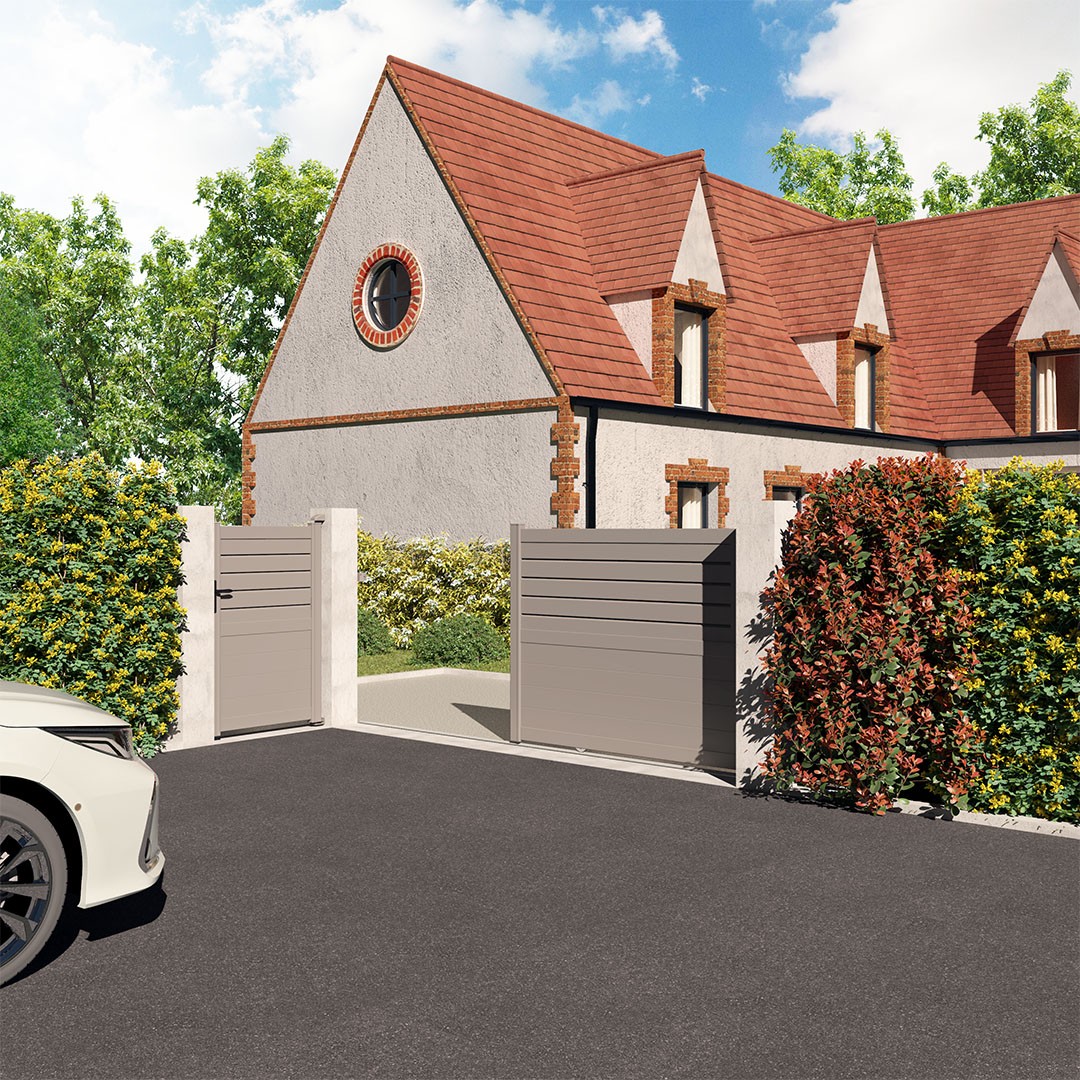 Portail coulissant et portillon CARNAC – Gris quartz (RAL7039) et haie dense