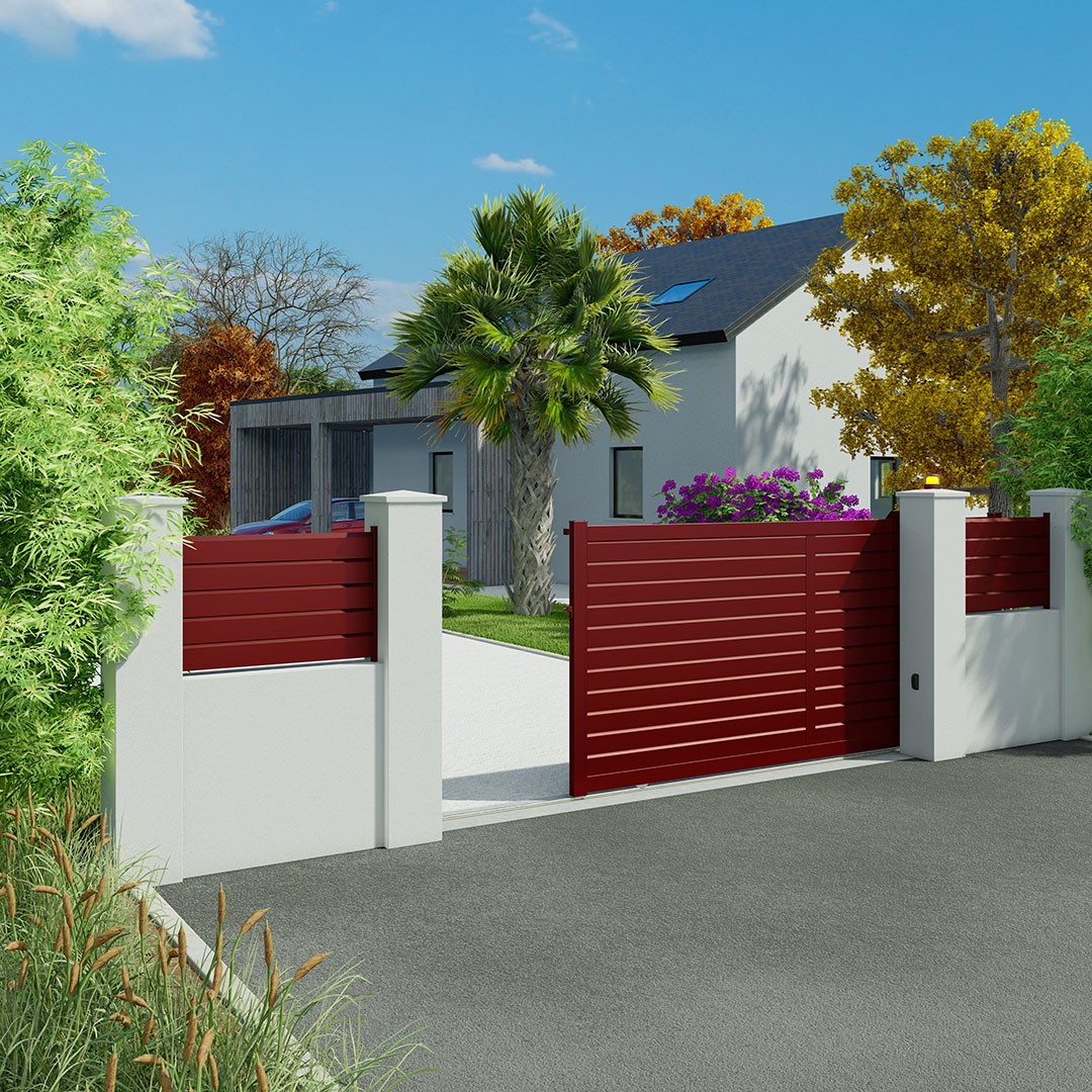 Portail coulissant persienné en aluminium ZEF – Rouge (RAL 3004)
