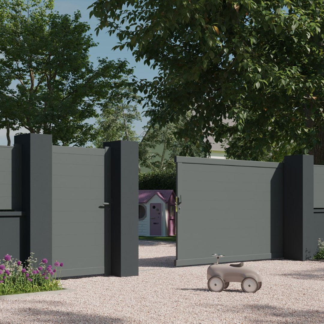 Portail coulissant et portillon pleins en aluminium LAO – Gris sablé (RAL2900)
