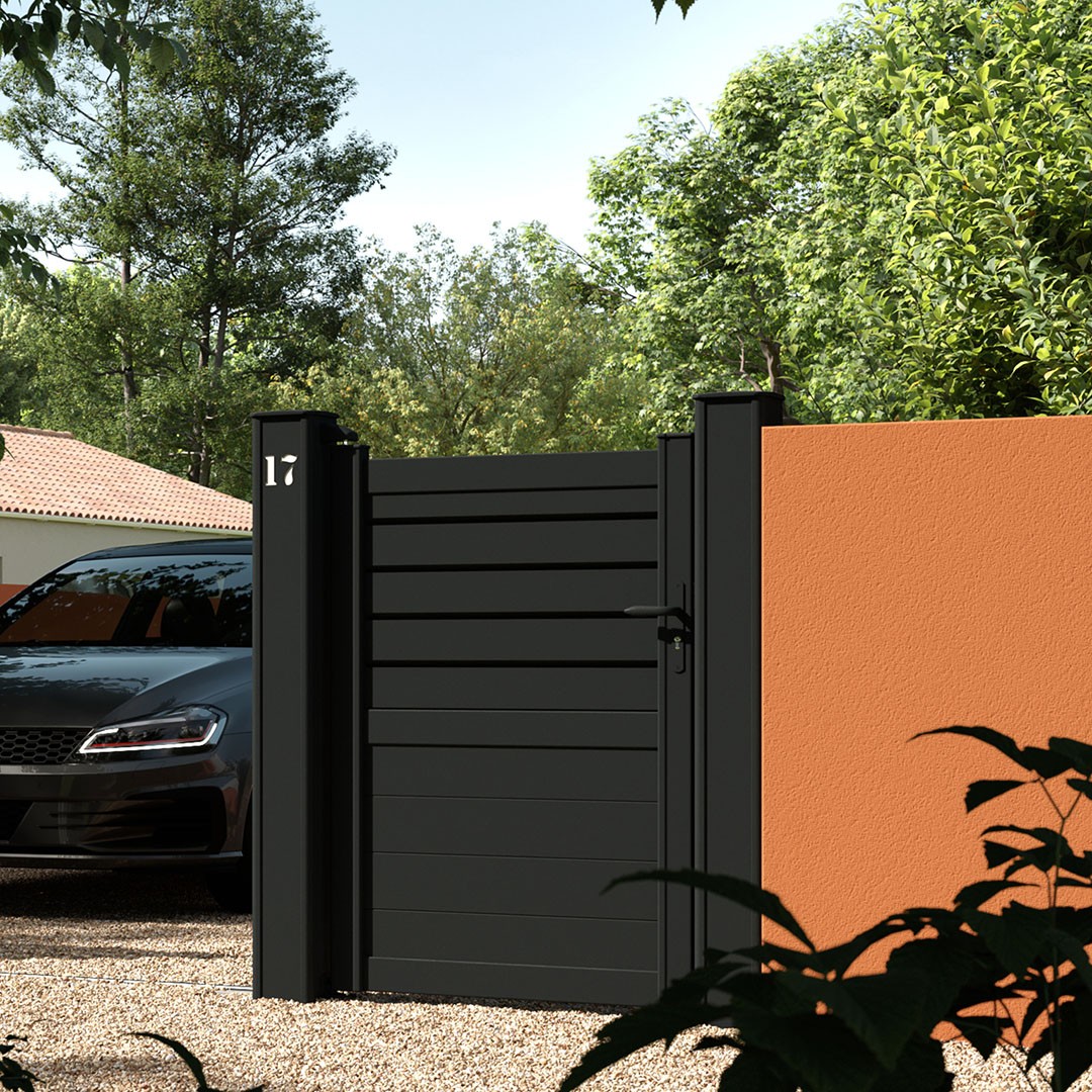 Portillon CARNAC et poteau Fix-it ! personnalisé en aluminium – Noir (RAL9005)