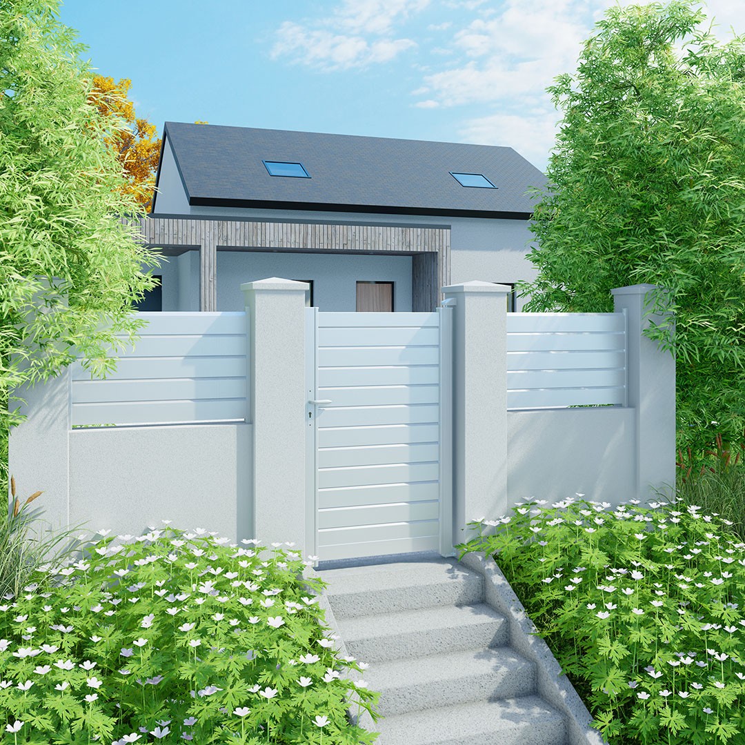 Portillon en aluminium ZEF, lames persiennes 130mm - poussant droit - RAL9016