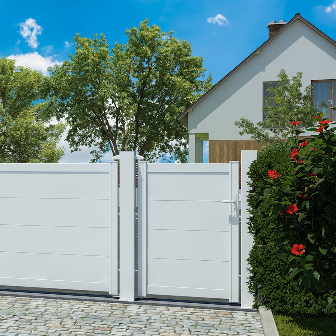 Portillon en aluminium HEZO, lames pleines 300mm - poussant droit - RAL9016